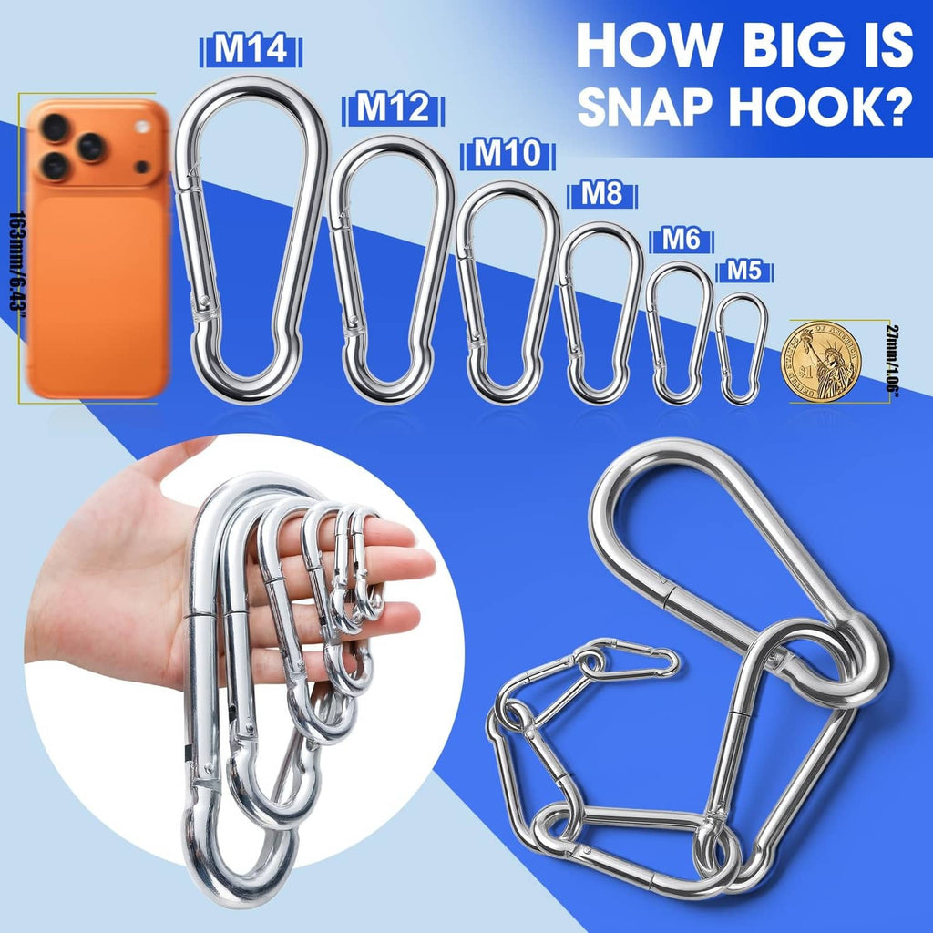 Assorted silver spring snap hook carabiners, sized from small to large