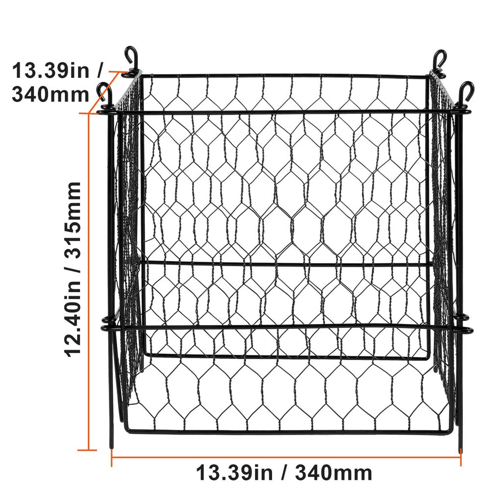 Black metal mesh plant protector cage front view with height and width measurements