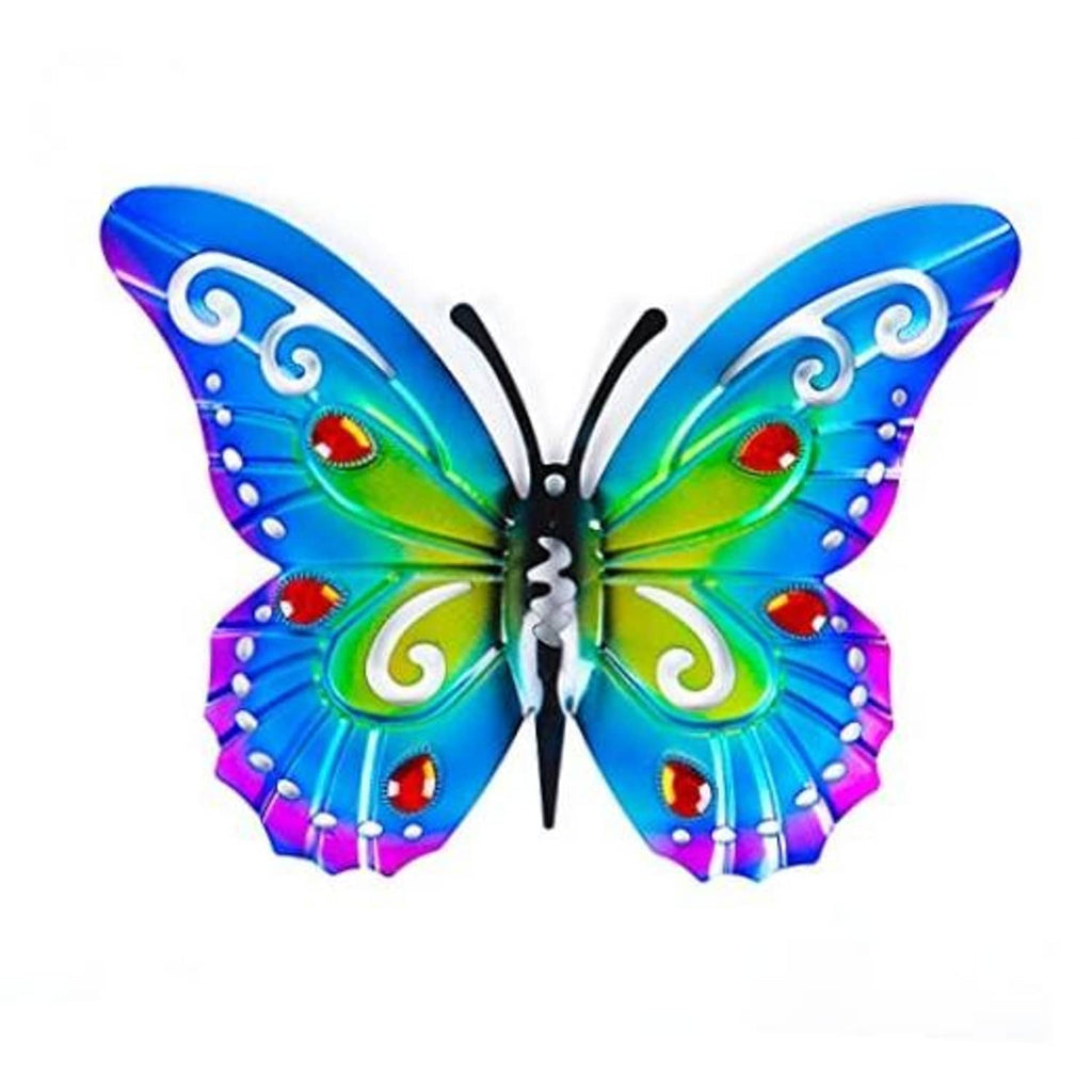 Colorful metal butterfly yard decor with blue, green, and red accents