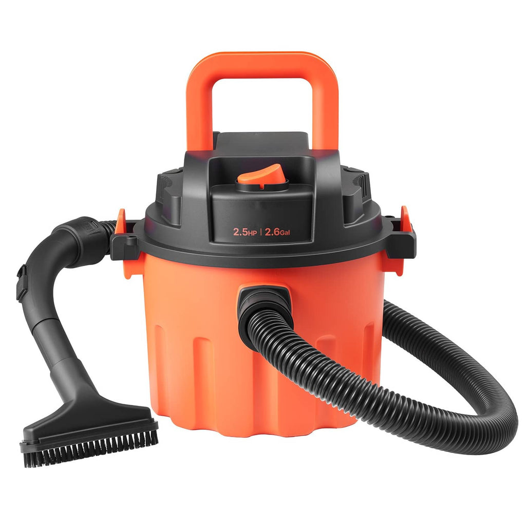 Portable shop vacuum with orange canister, black hoses, and brush nozzle attachment
