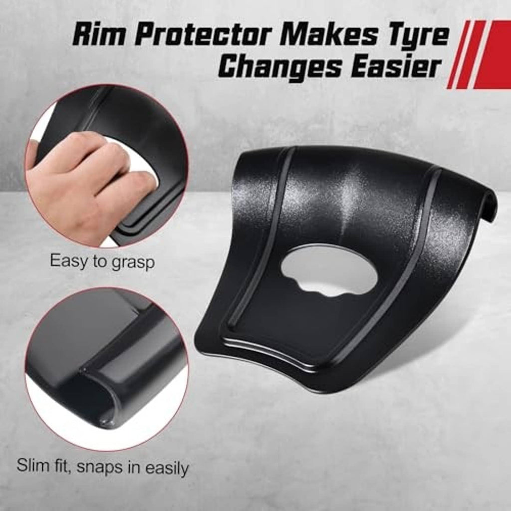 Black rim protector tool with oval cutout for easier motorcycle tire changes