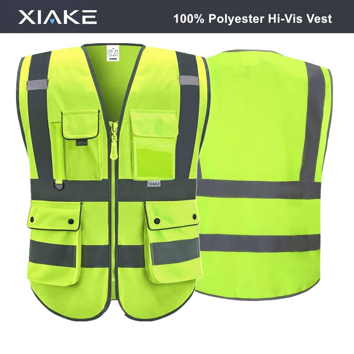 Neon yellow reflective safety vest with chest pocket and reflective bands, front zipper