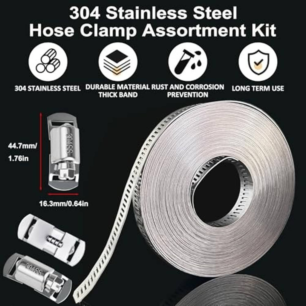 Stainless steel hose clamp assortment kit with strap roll and multiple worm gear clamps