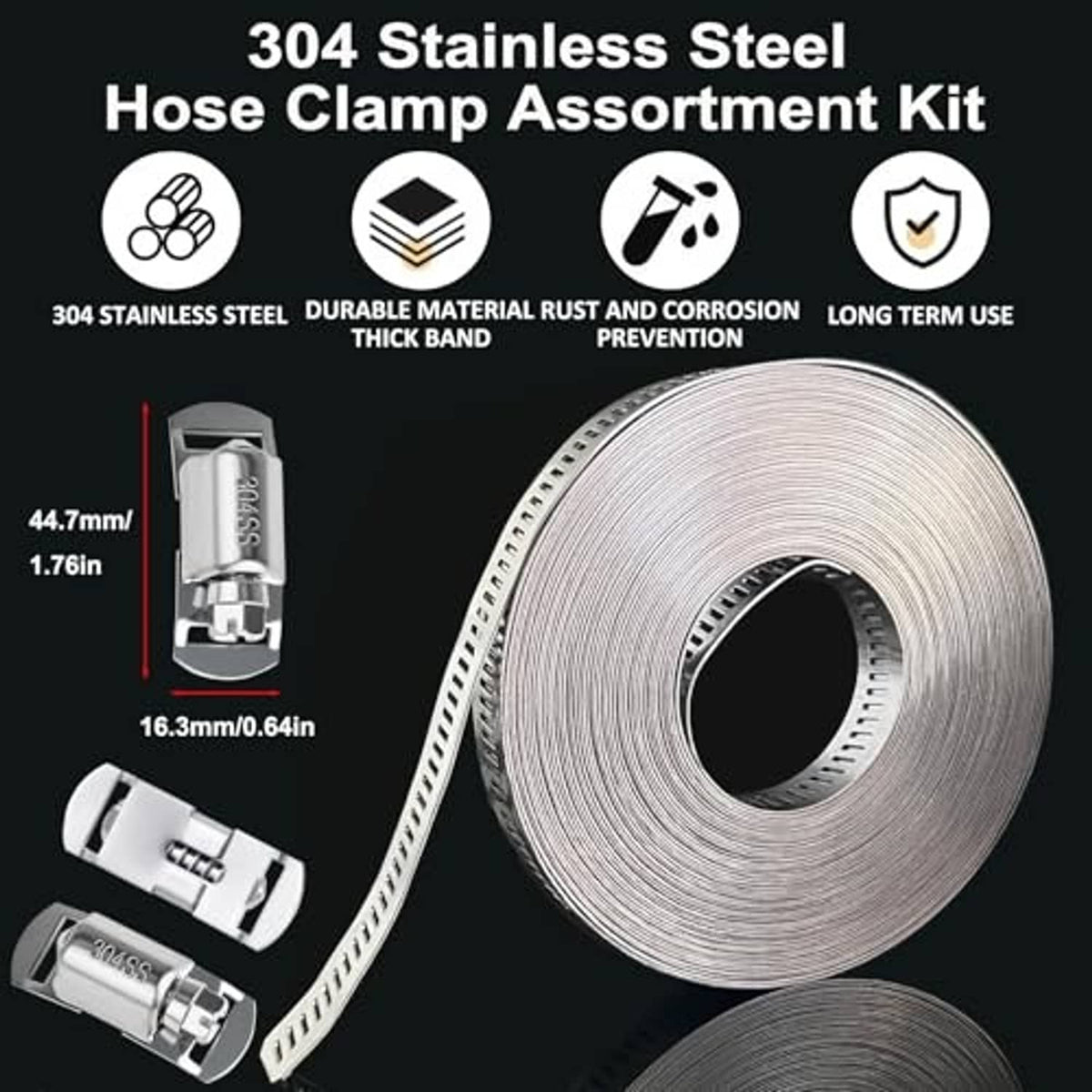 Stainless steel hose clamp assortment kit with strap roll and multiple worm gear clamps