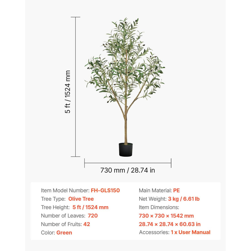 5 ft artificial olive tree with green leaves in black pot, height diagram