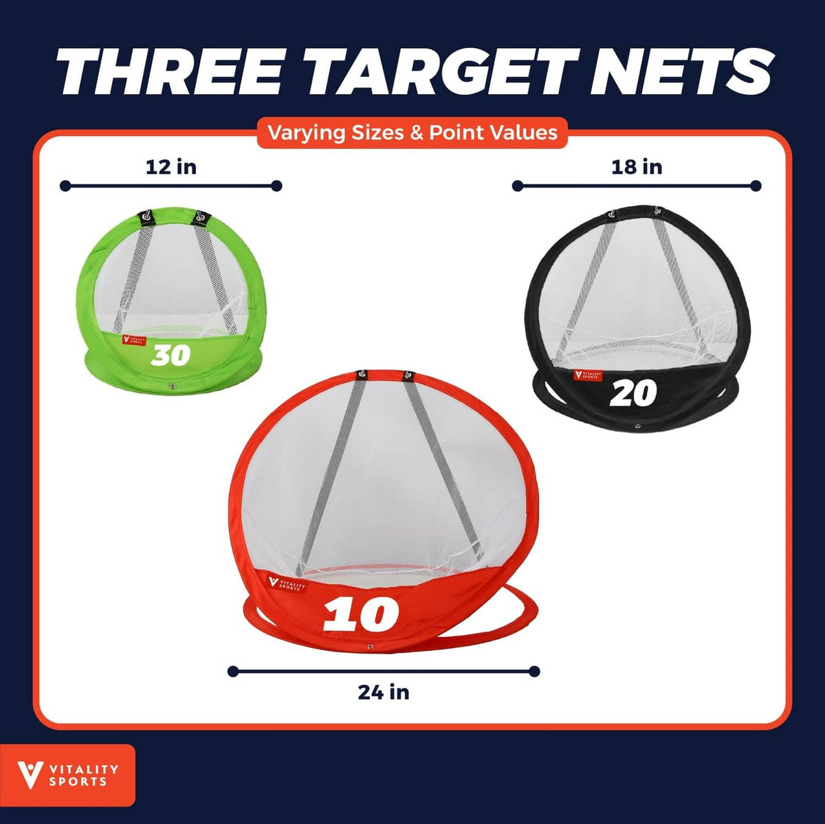Portable golf chipping target nets set: red 10, black 20, green 30 point frames