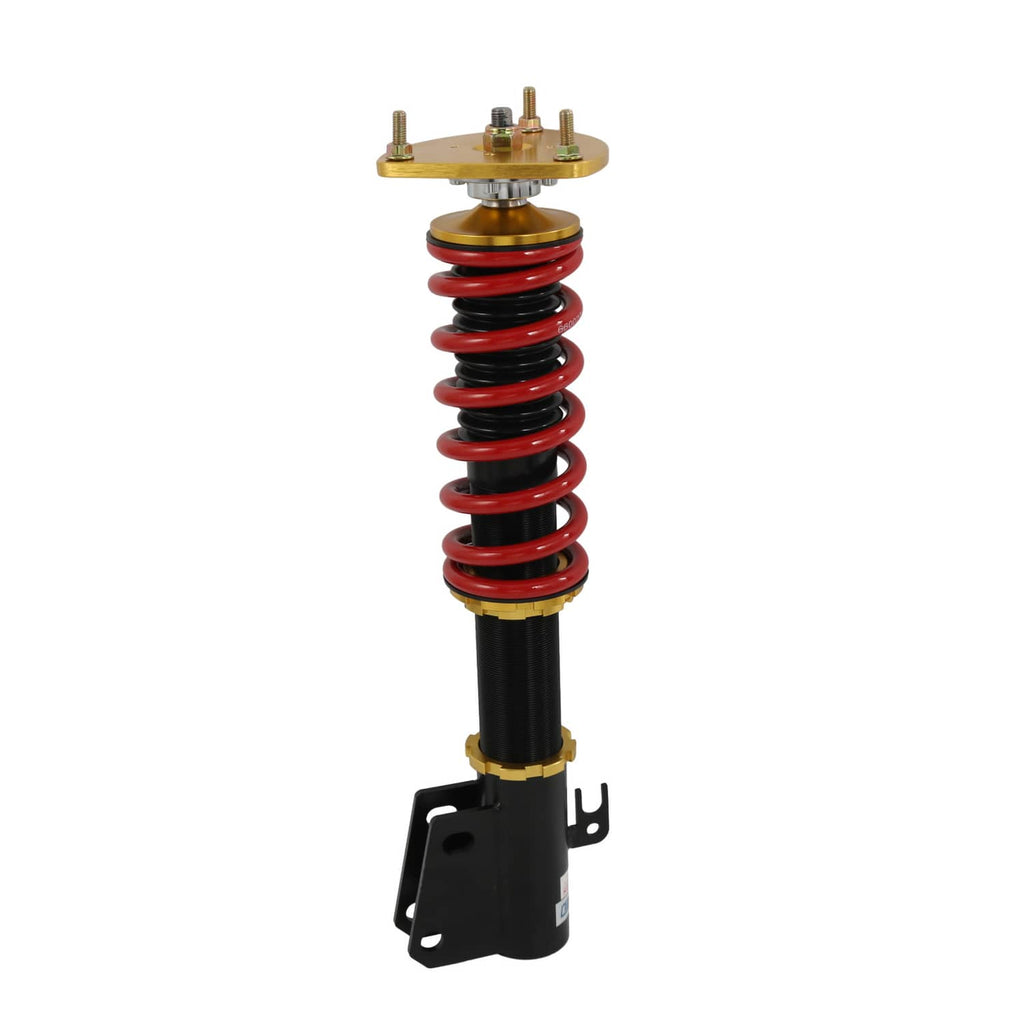 Coilover strut with red spring, gold adjustment plate, and black shock body
