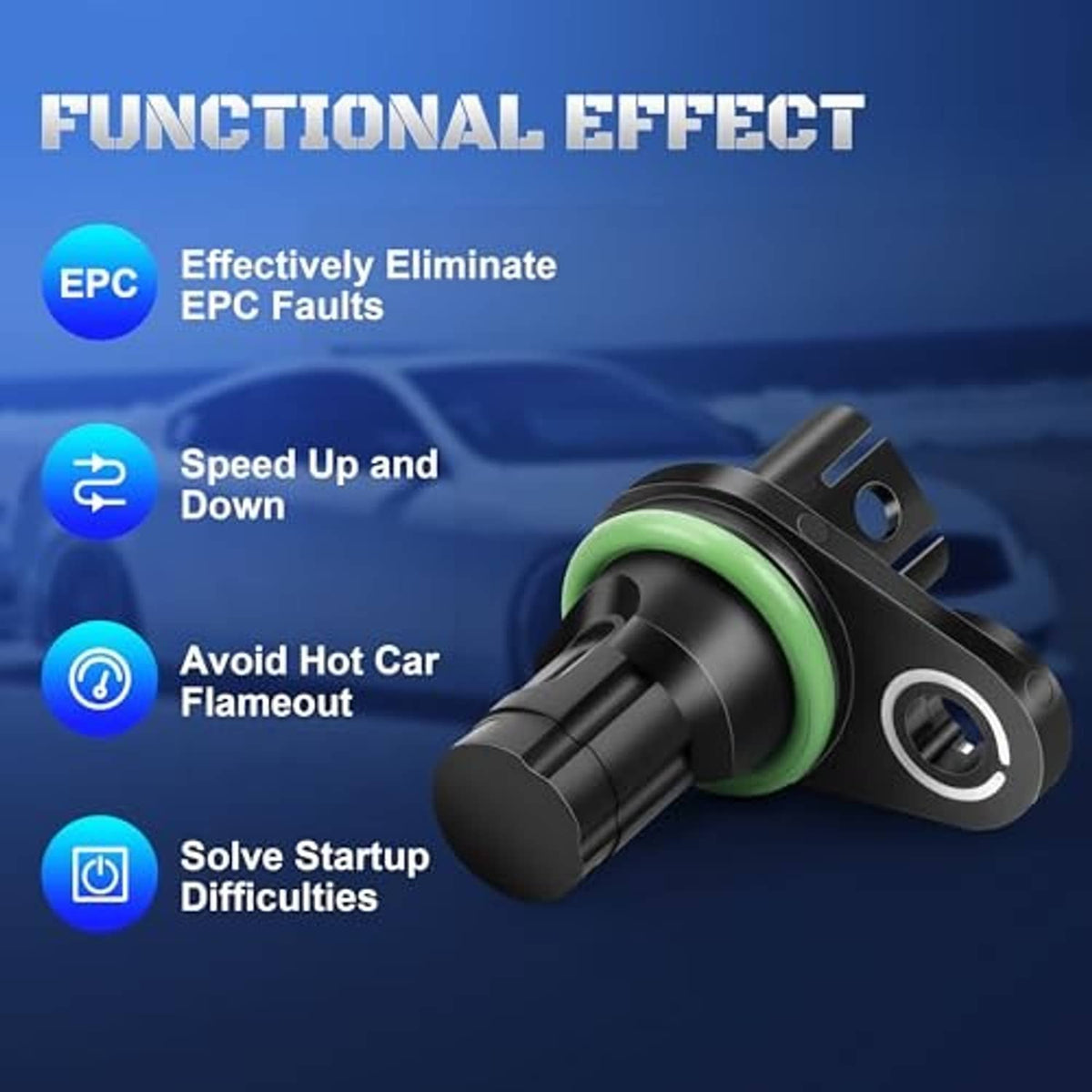 Camshaft position sensor with green seal ring and connector, functional effect graphic