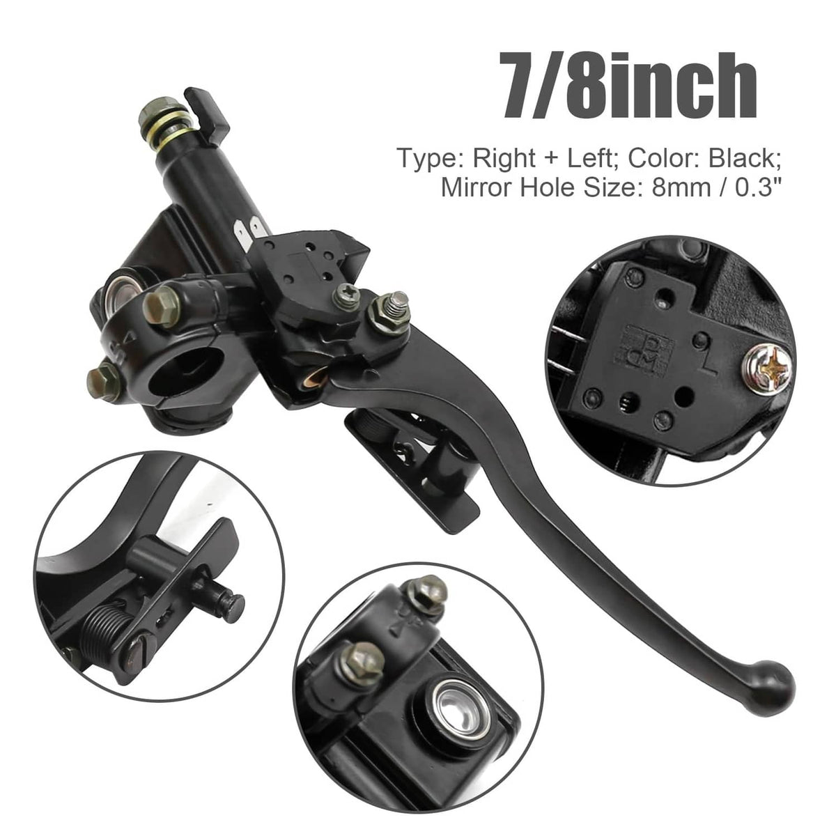 Black 7/8 in brake master cylinder set with lever, reservoirs, and hose fittings