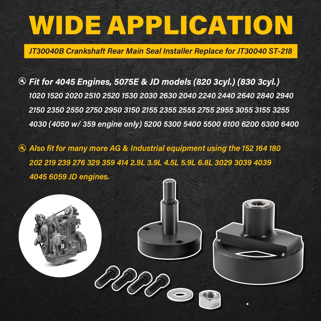 Crankshaft rear main seal installer kit with driver plate, stud, and hardware pieces