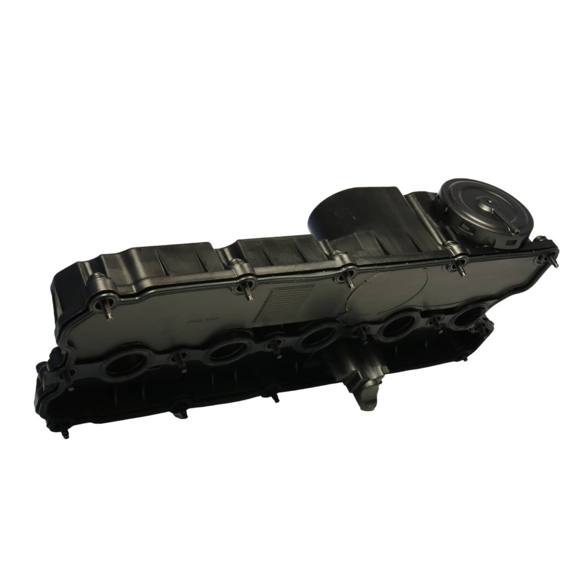 Engine valve cover assembly, side view with circular oil port opening