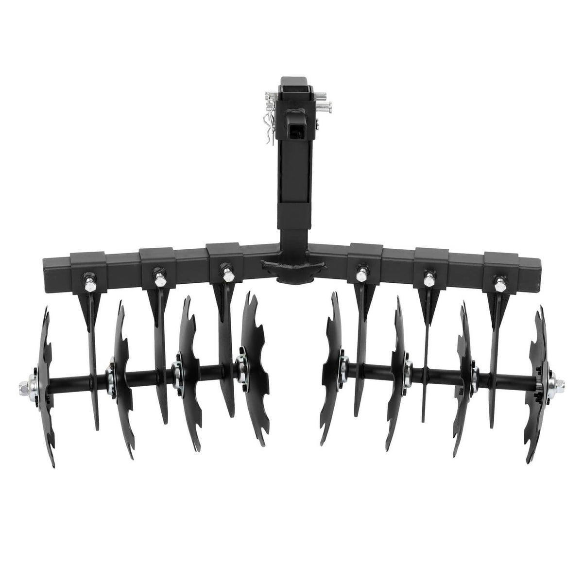 Disc harrow plow front view with black frame, 8 blades, and hitch attachment post