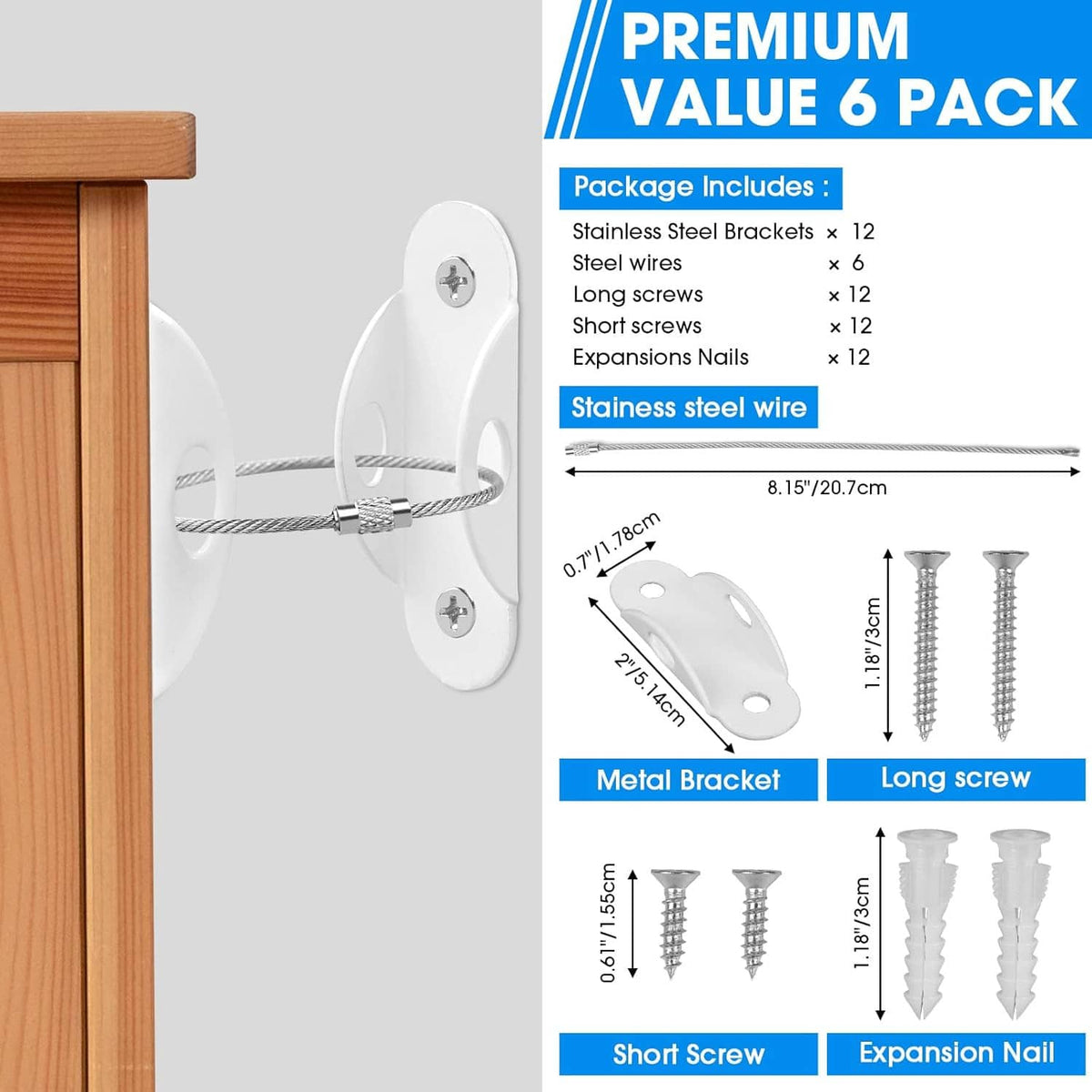 Furniture anti-tip anchor kit: wire cable, metal brackets, long/short screws, expansion nails