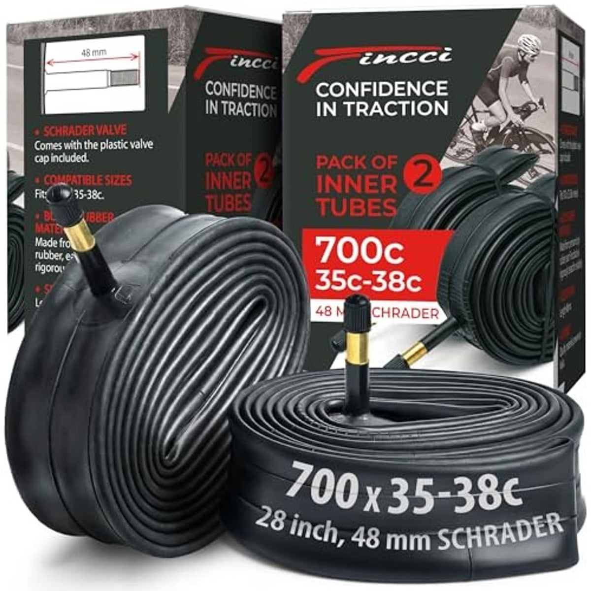 Pack of two rolled 700c 35–38c bicycle inner tubes with 48mm Schrader valve stems