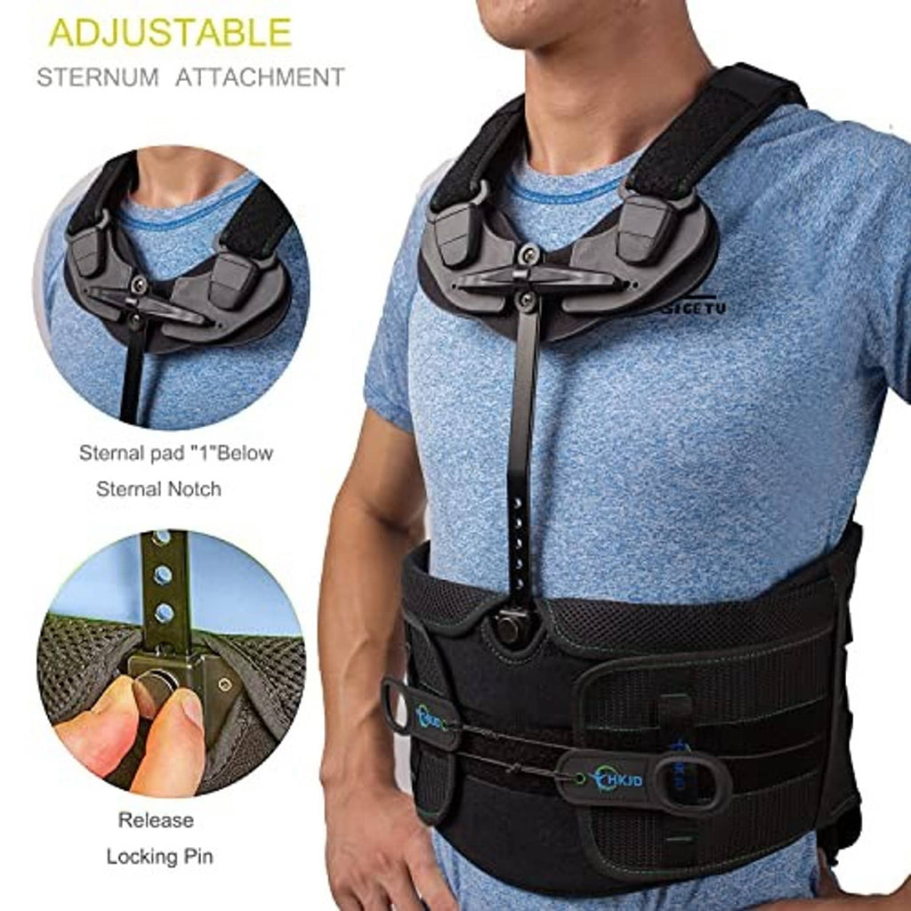 Black thoracic brace with adjustable sternum attachment and upper chest strap