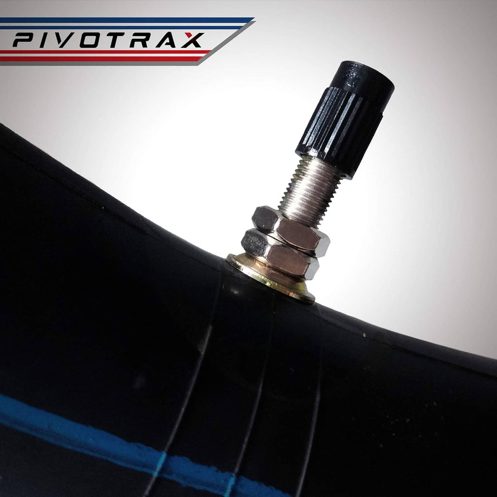 Heavy-duty motorcycle inner tube valve stem close-up, black rubber with metal TR4 valve.