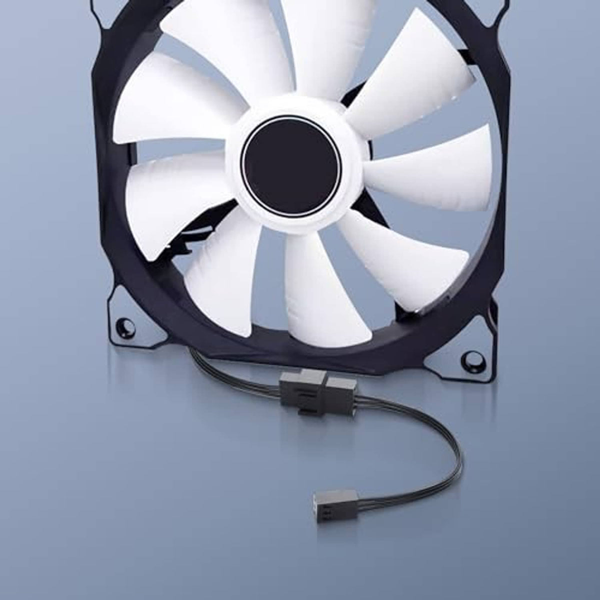 Computer case fan with attached fan adapter cable and black connector