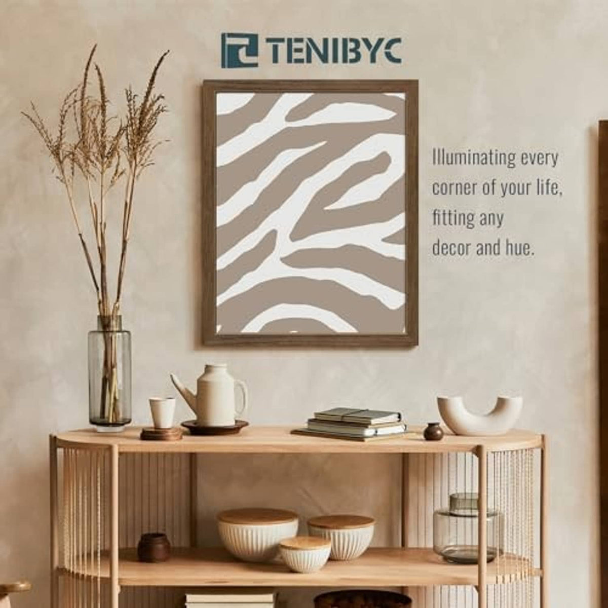 Brown woodgrain 16x20 picture frame on wall with zebra-stripe style artwork