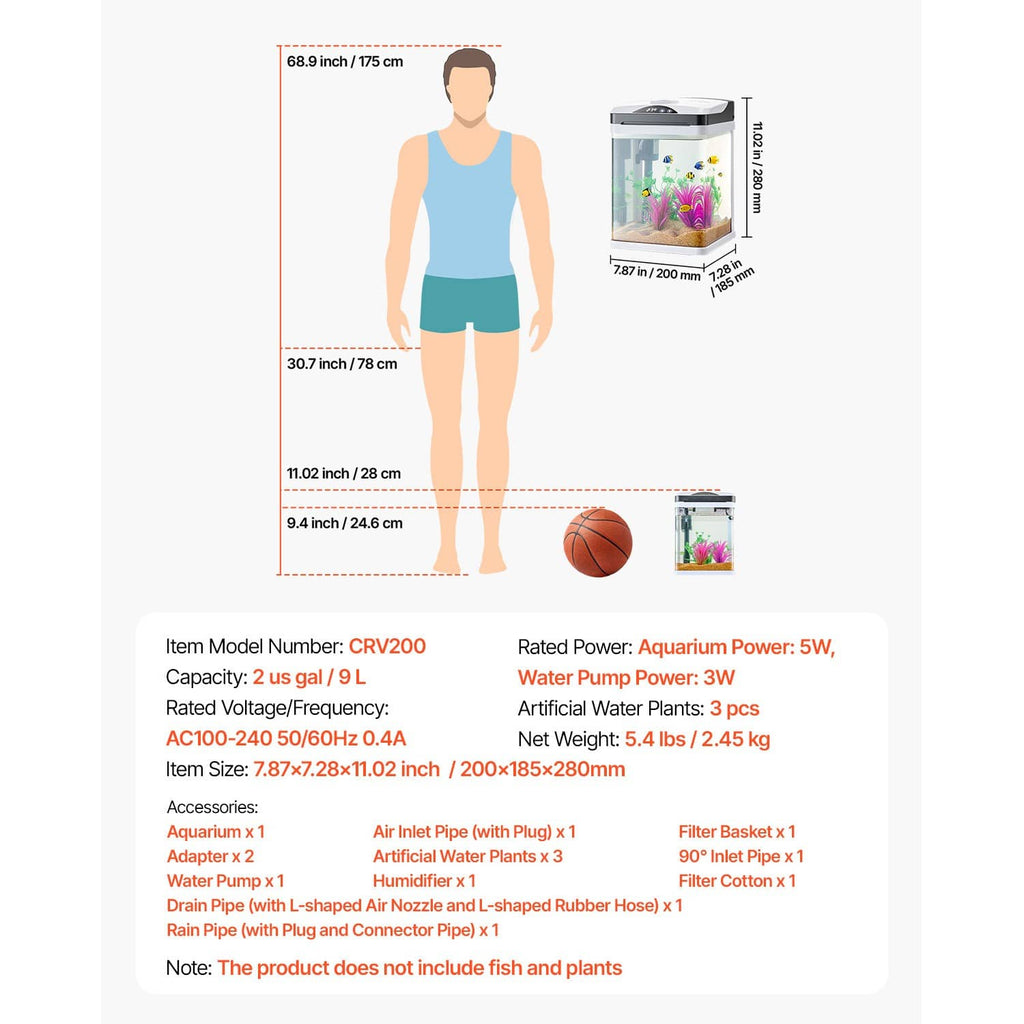 Square LED aquarium size diagram showing compact 2 gal tank proportions