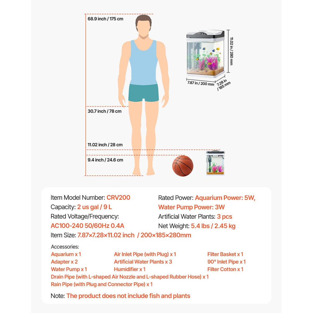 Square LED aquarium size diagram showing compact 2 gal tank proportions