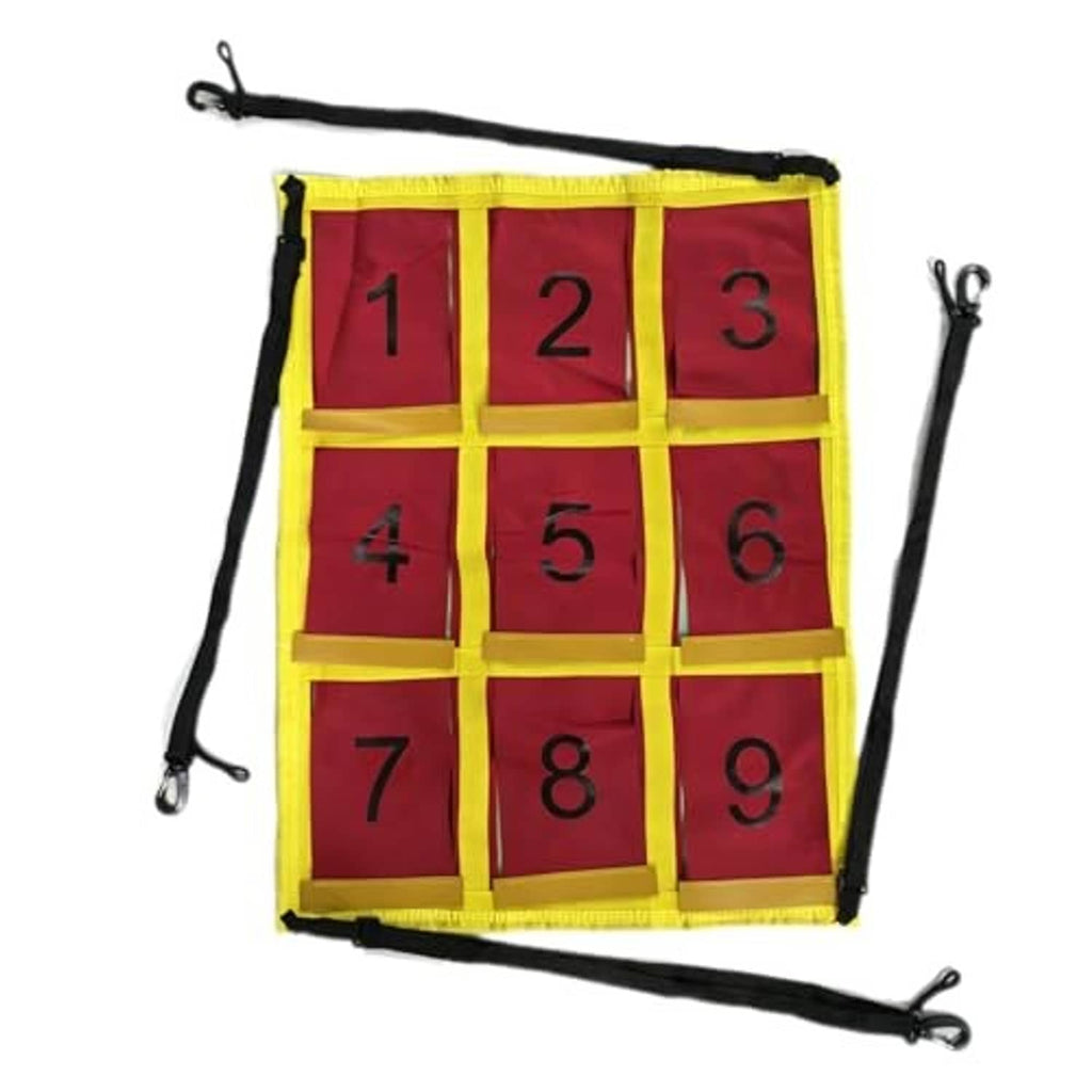 Numbered strike zone target net with 1–9 squares on red panels, yellow border and straps