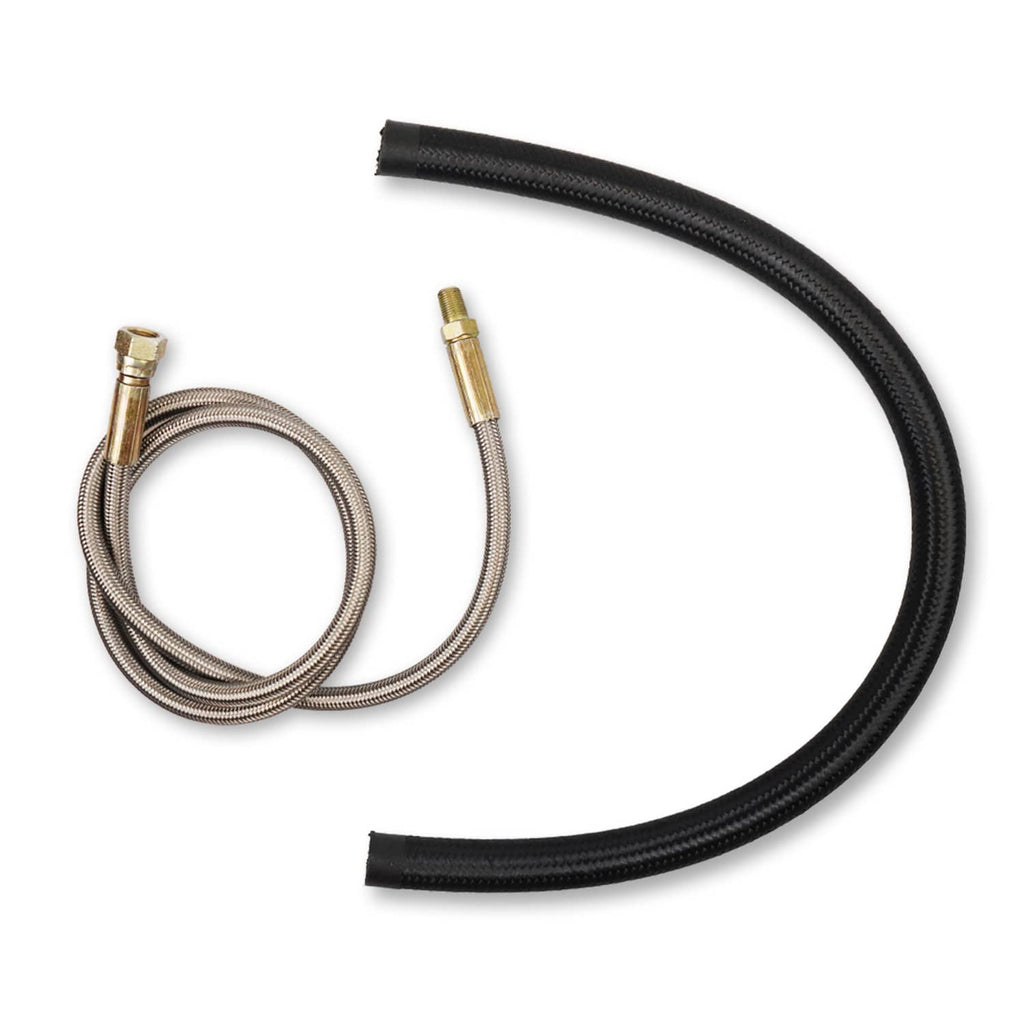 Braided oil line hoses with brass connectors and black outer protective sleeves