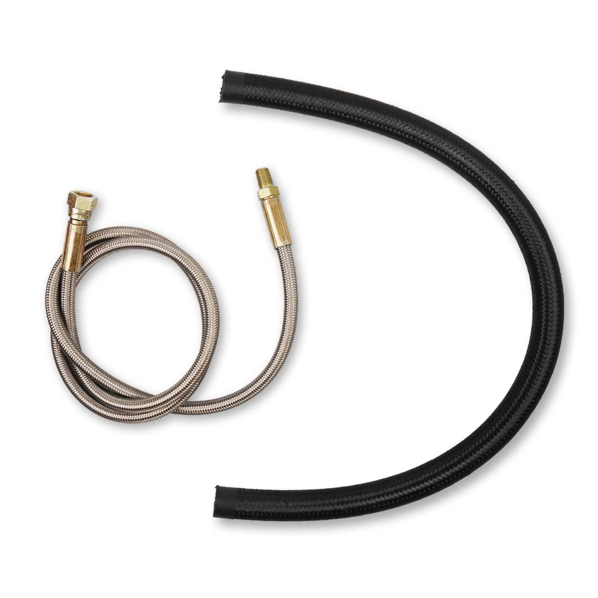 Braided oil line hoses with brass connectors and black outer protective sleeves