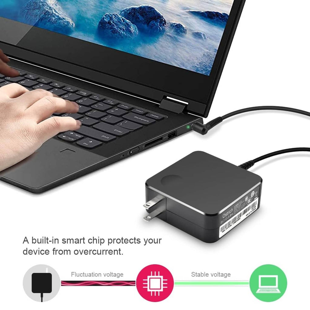 Black laptop charger adapter connected to laptop with hand using power cord