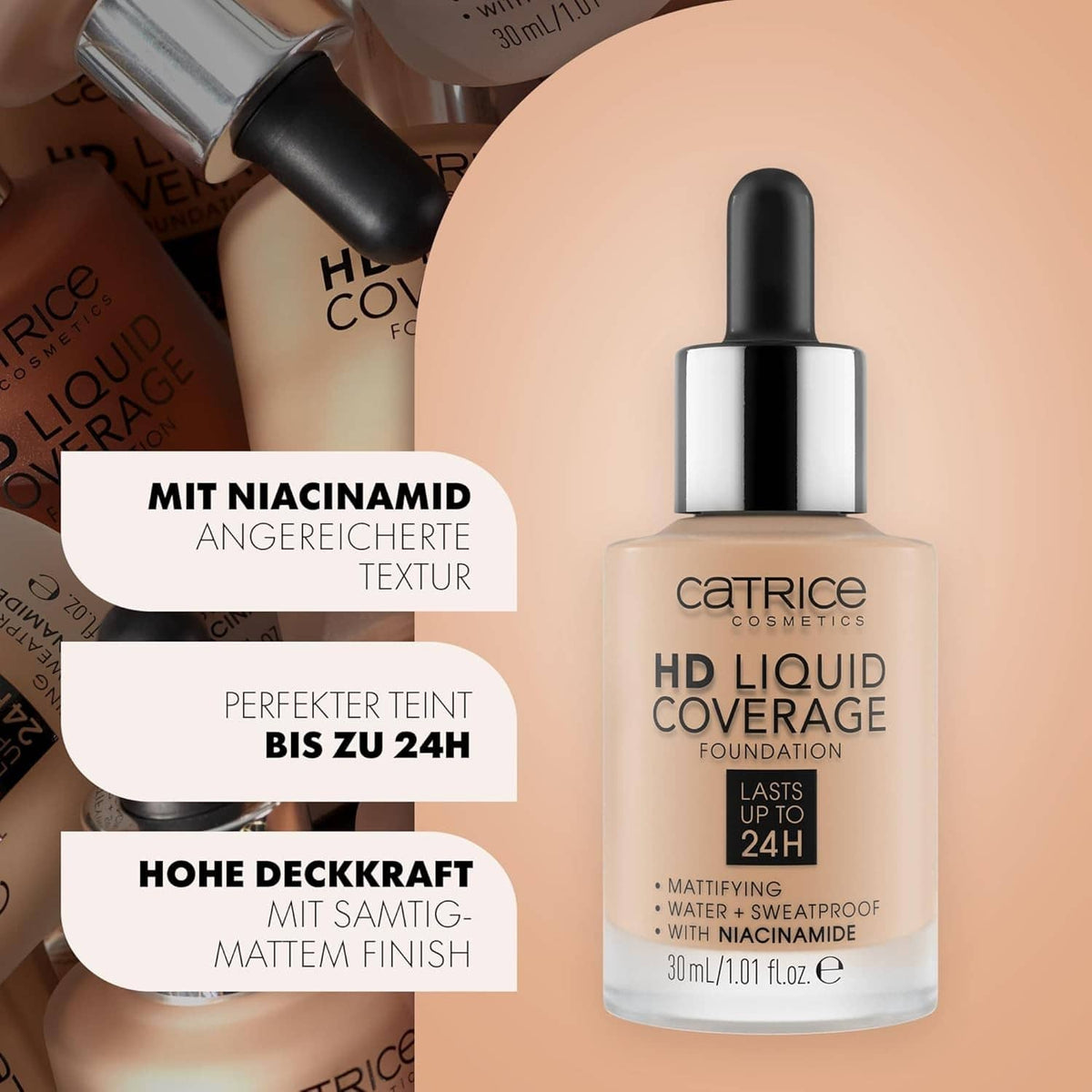 Liquid foundation bottle with black dropper tip, porcelain beige