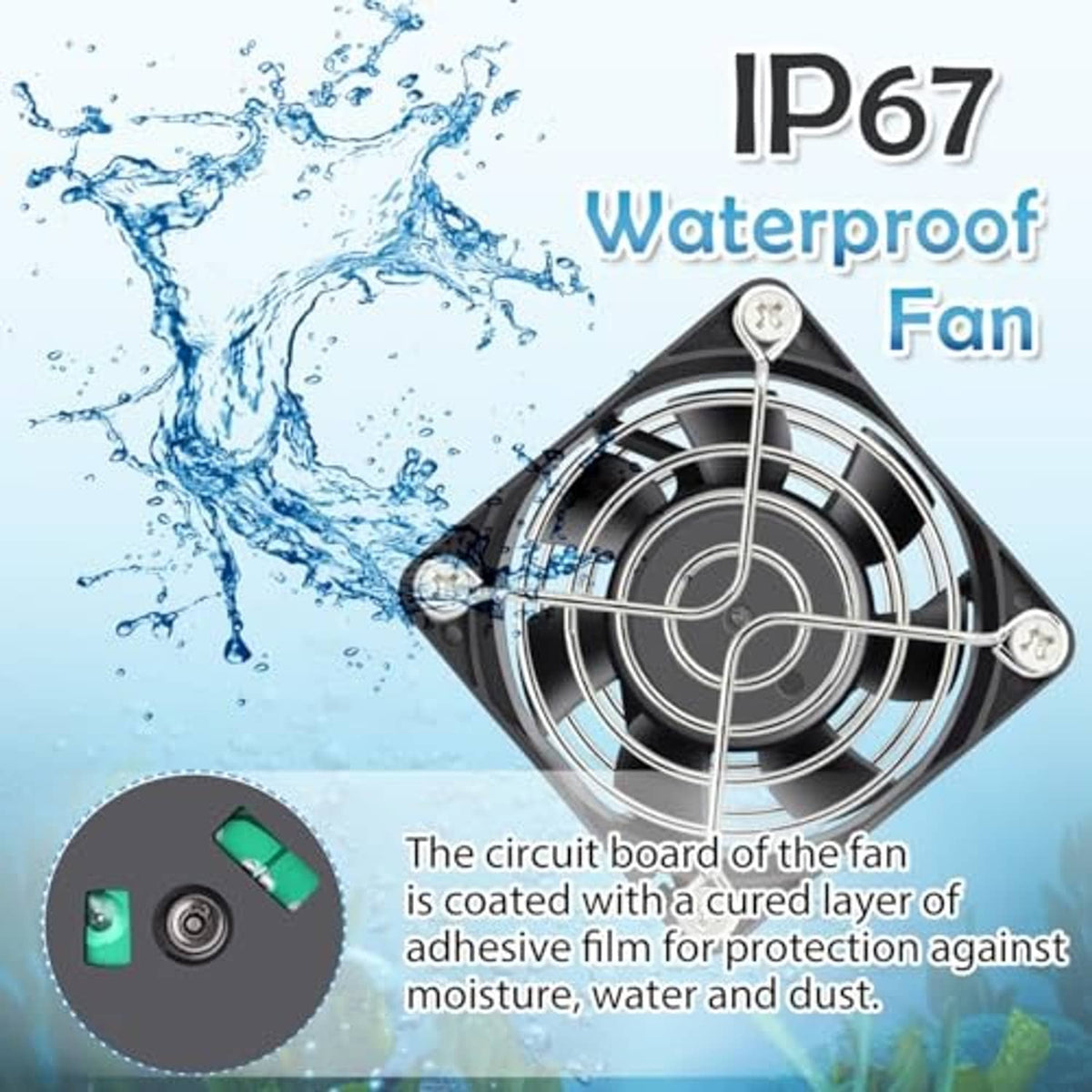 IP67 waterproof cooling fan with curved grille and covered circuit board