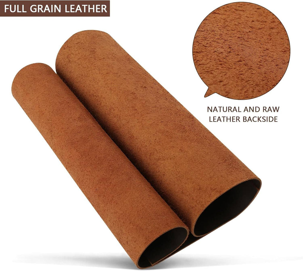 Two rolled brown leather sheets showing natural raw suede backside texture.