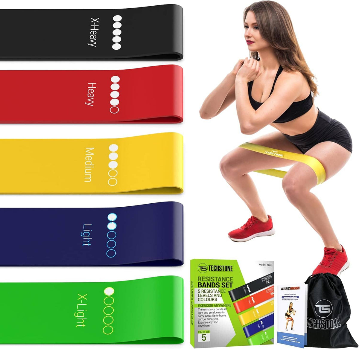 Resistance loop bands set with five colored loops and product packaging