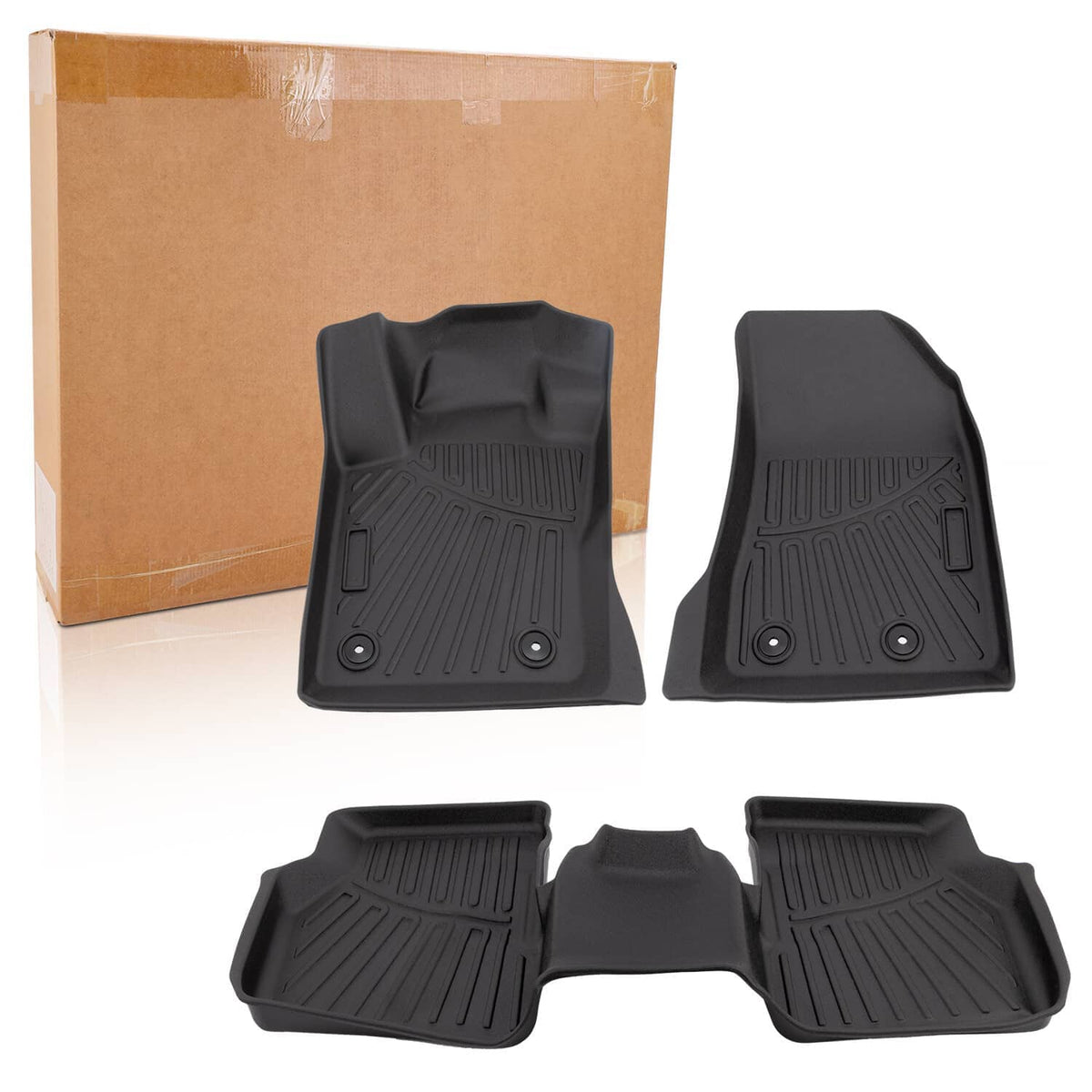 Black TPE front floor mats with raised grip pattern and two mounting circles