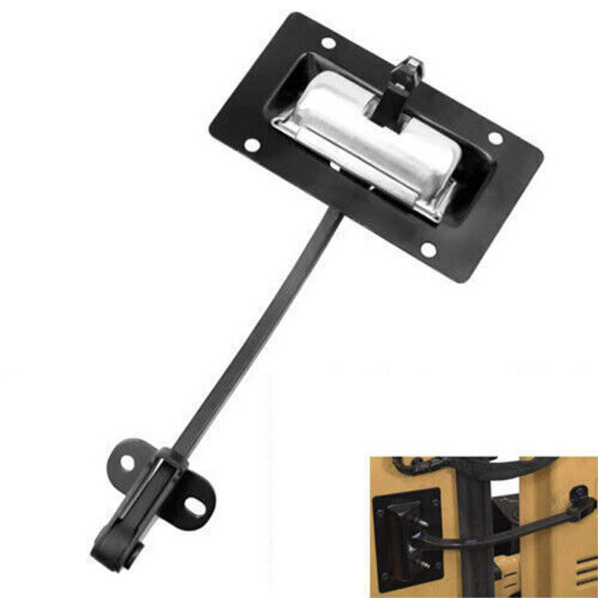Black check strap retaining arm with silver latch, shown from angled view