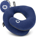 Blue U-shaped travel neck pillow with Boozzy logo, chin cutout, and carrying pouch