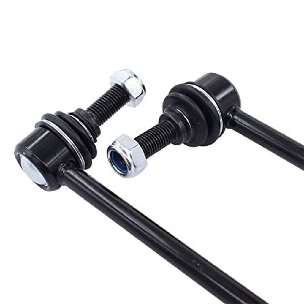 Front sway bar link close-up: black bushings and chrome-threaded mounting bolts