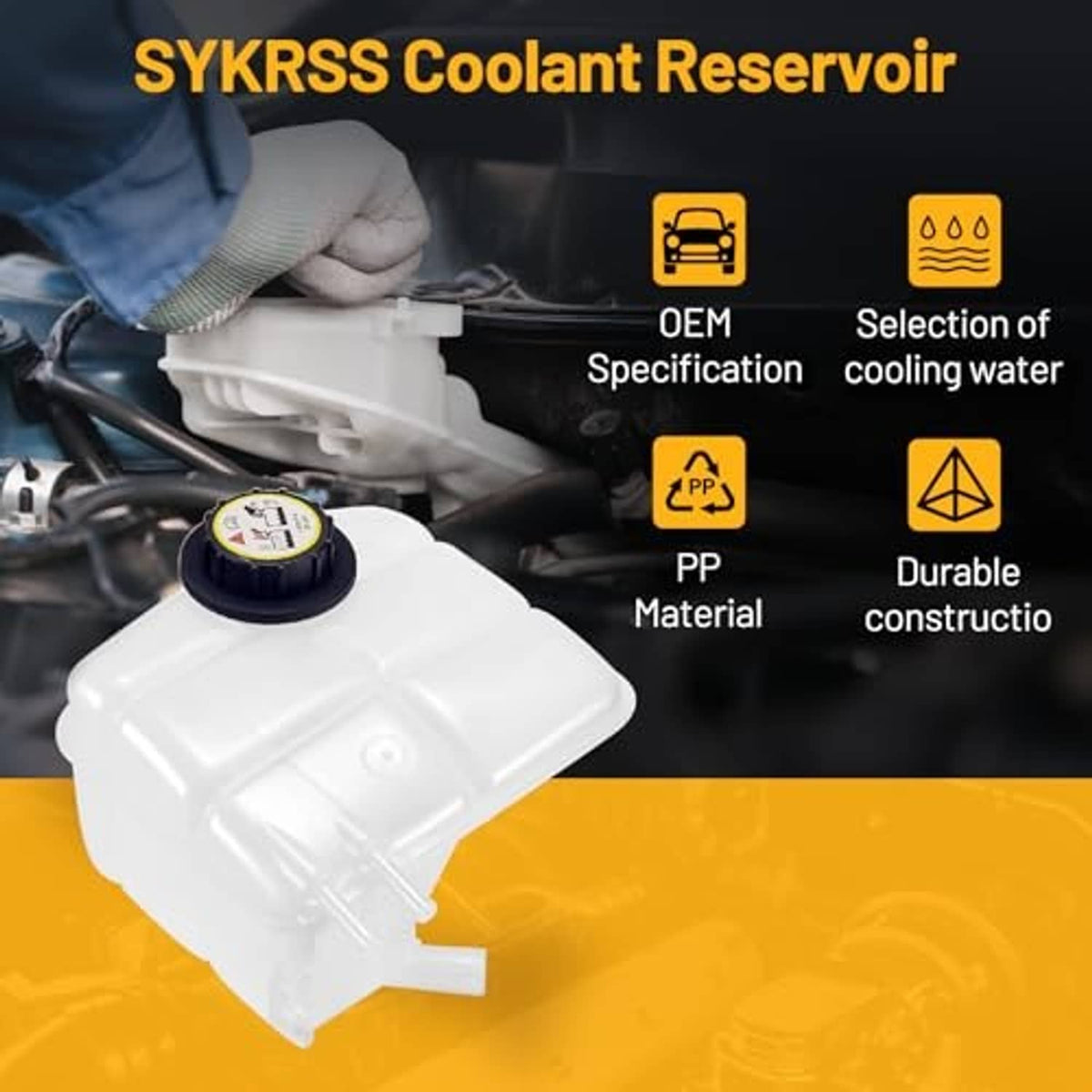 Coolant expansion reservoir overflow tank with black cap, white plastic shown in hand install