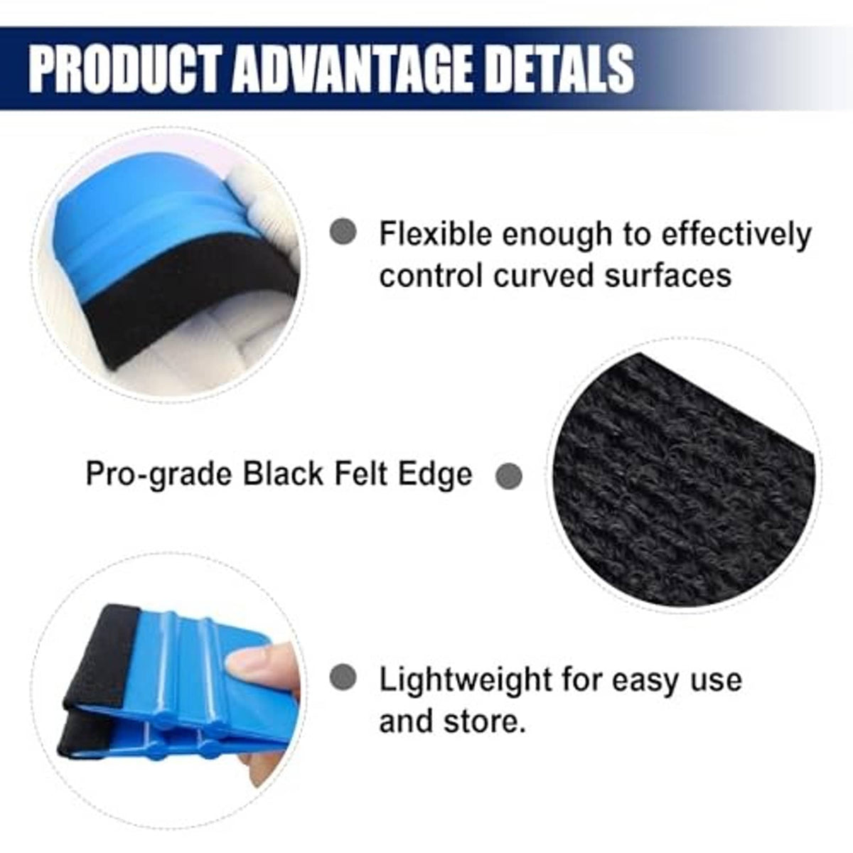 Mini felt edge squeegee detail showing blue plastic frame with black felt edge