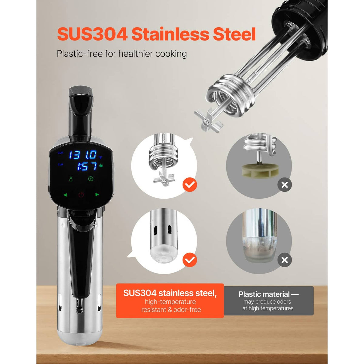 Sous vide precision cooker with stainless-steel heating tube and side LEDs