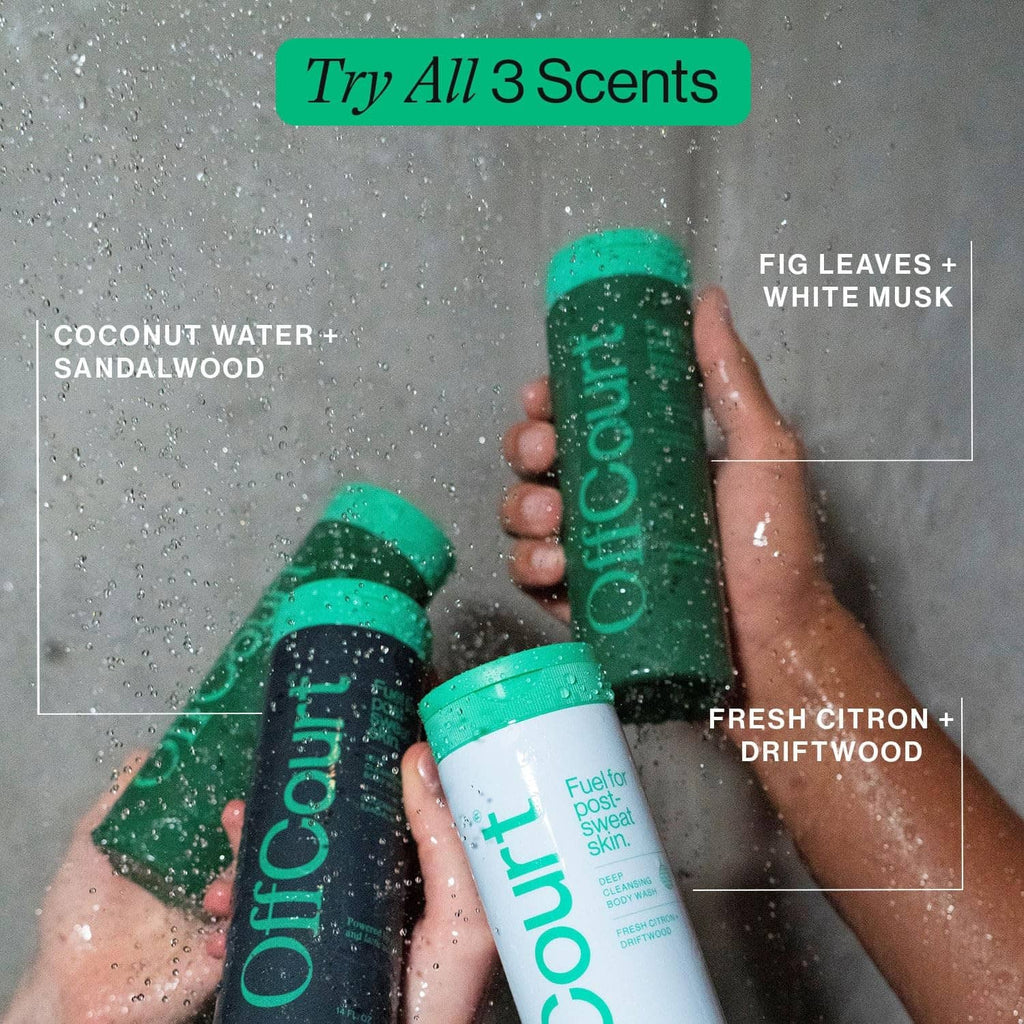 Try all scents: Offcourt green shower gel bottles shown together