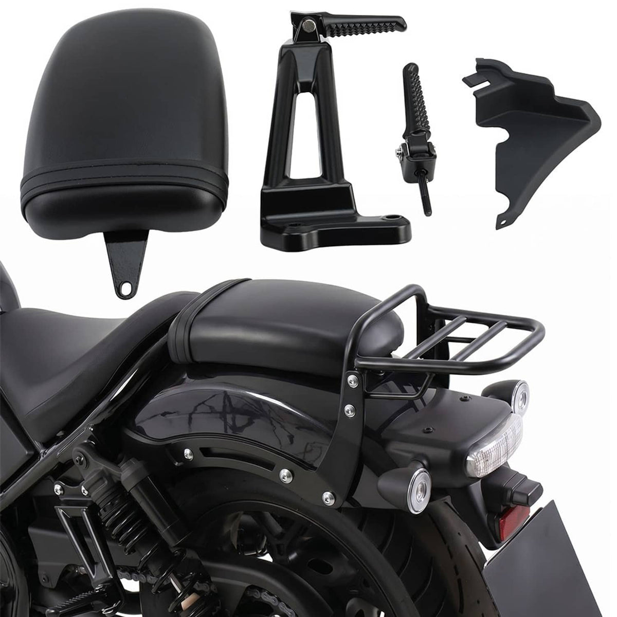 Motorcycle passenger seat with bracket and footpeg-related parts, black