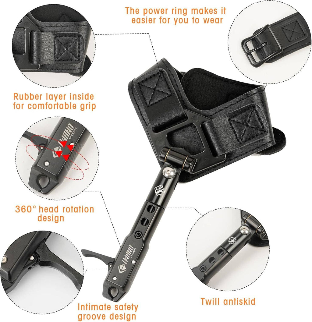 Black wristband trigger release aid with 360° rotating head and grippy textured band.