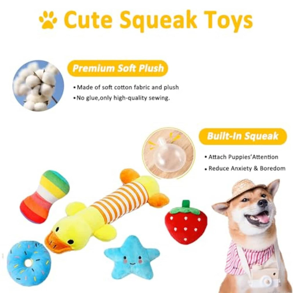 Assorted soft plush squeak toys: striped cylinder, fish, star, strawberry