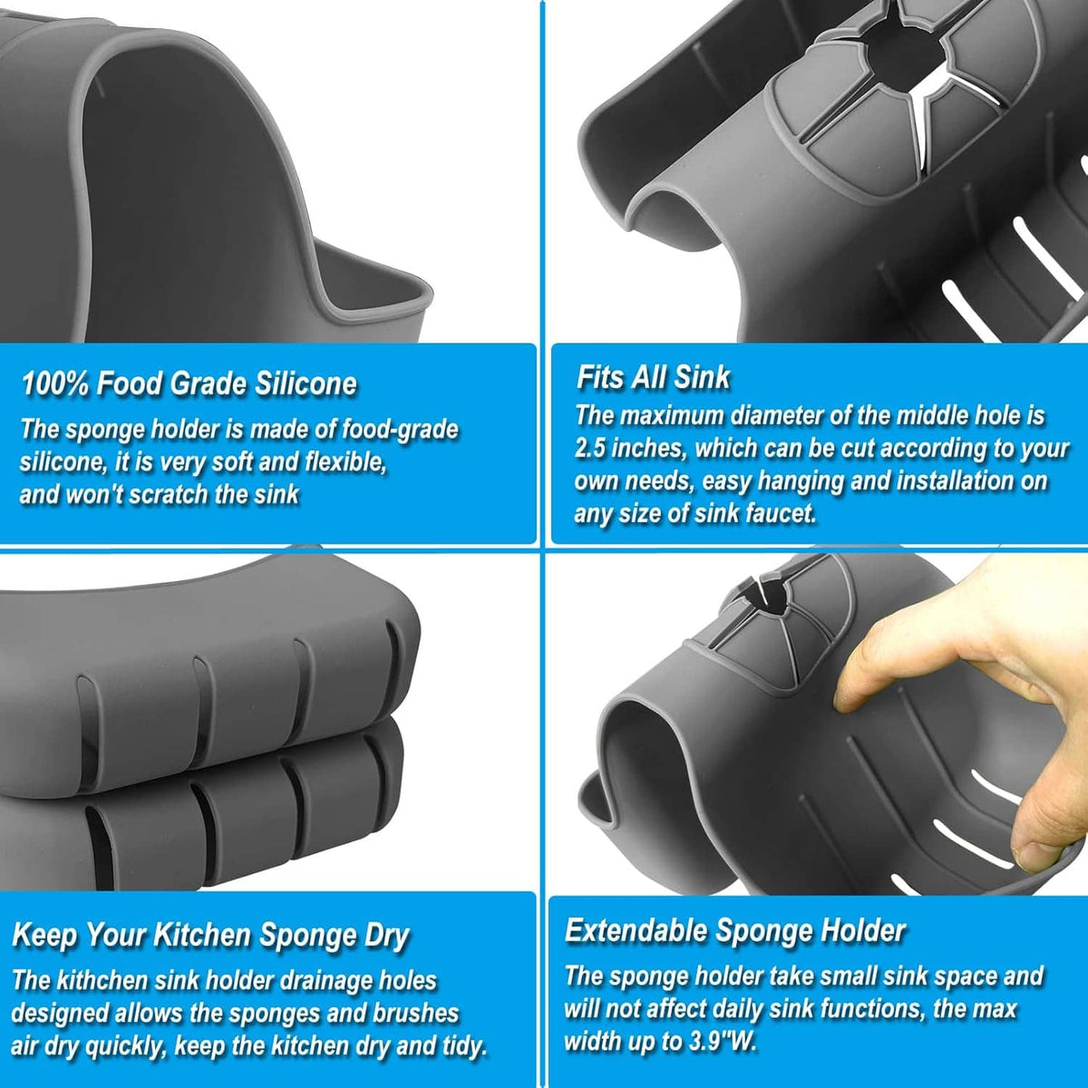 Gray expandable silicone sponge holder with drain slots and flexible body