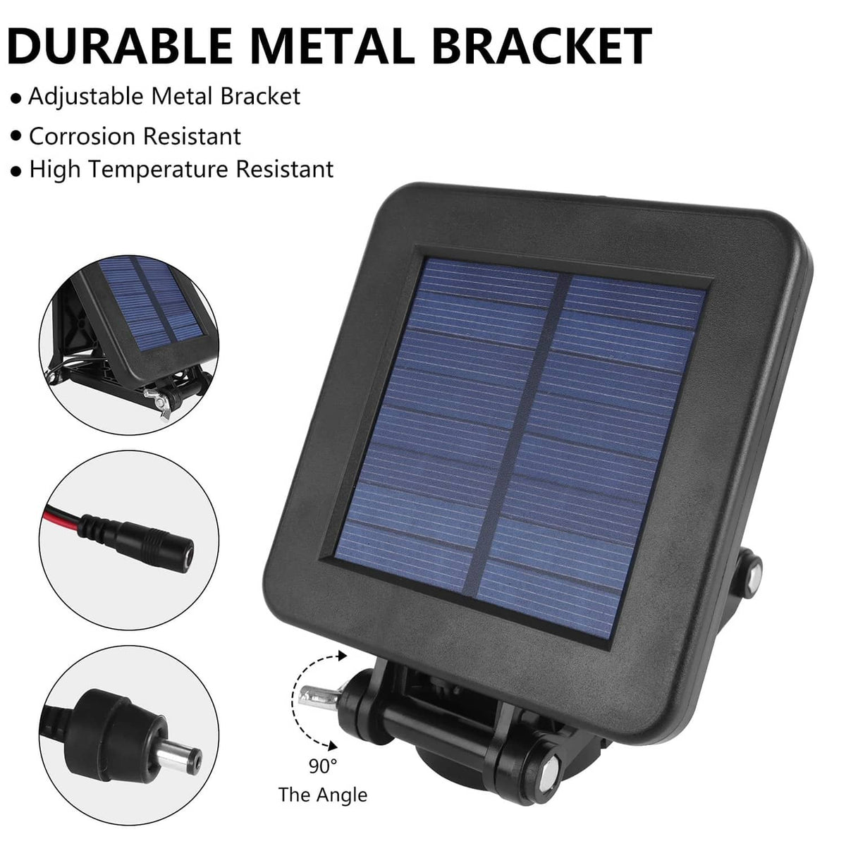 Black solar panel with adjustable metal bracket and tilt angle mounting base