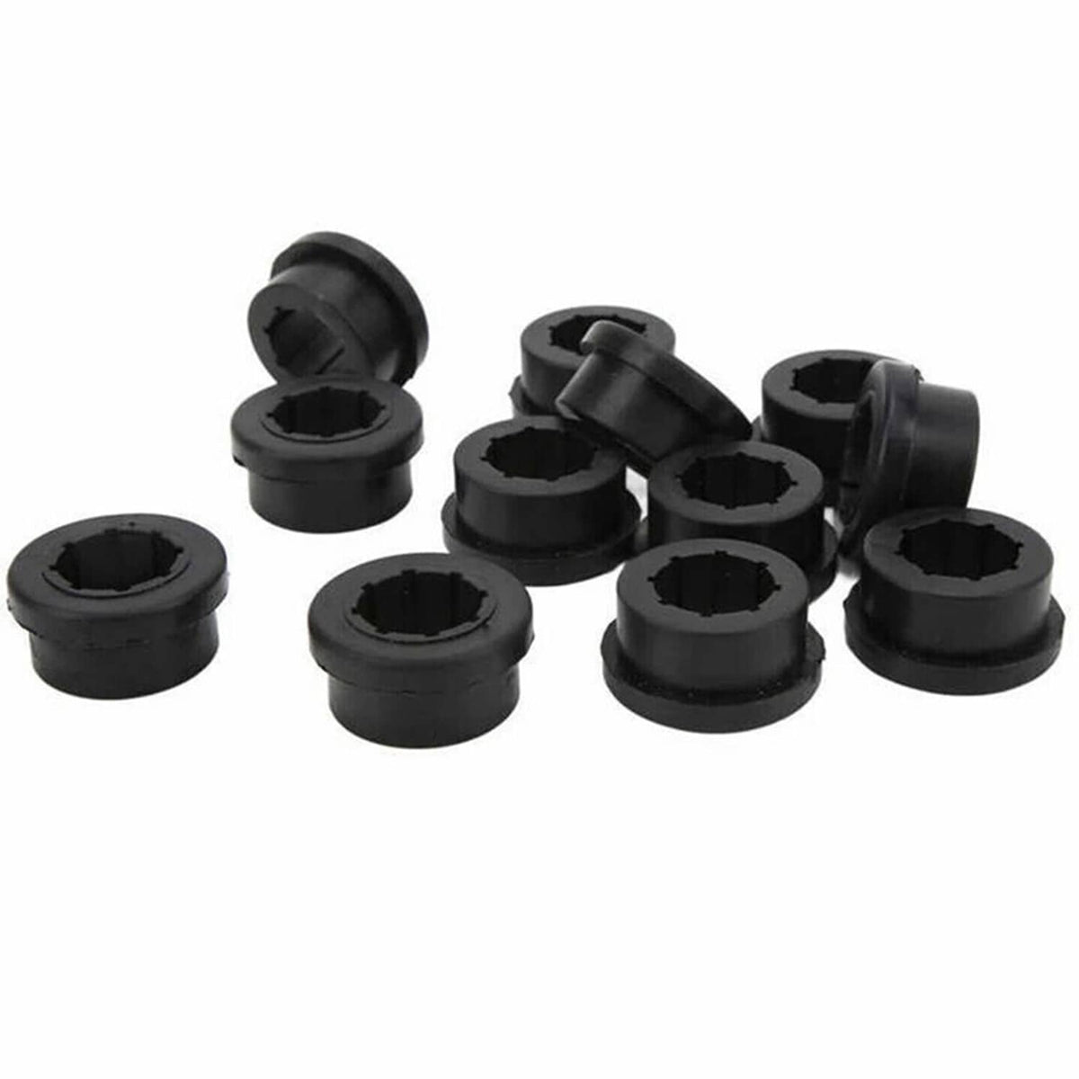 Lower control arm bushing kit, assorted black rubber bushings with centered openings