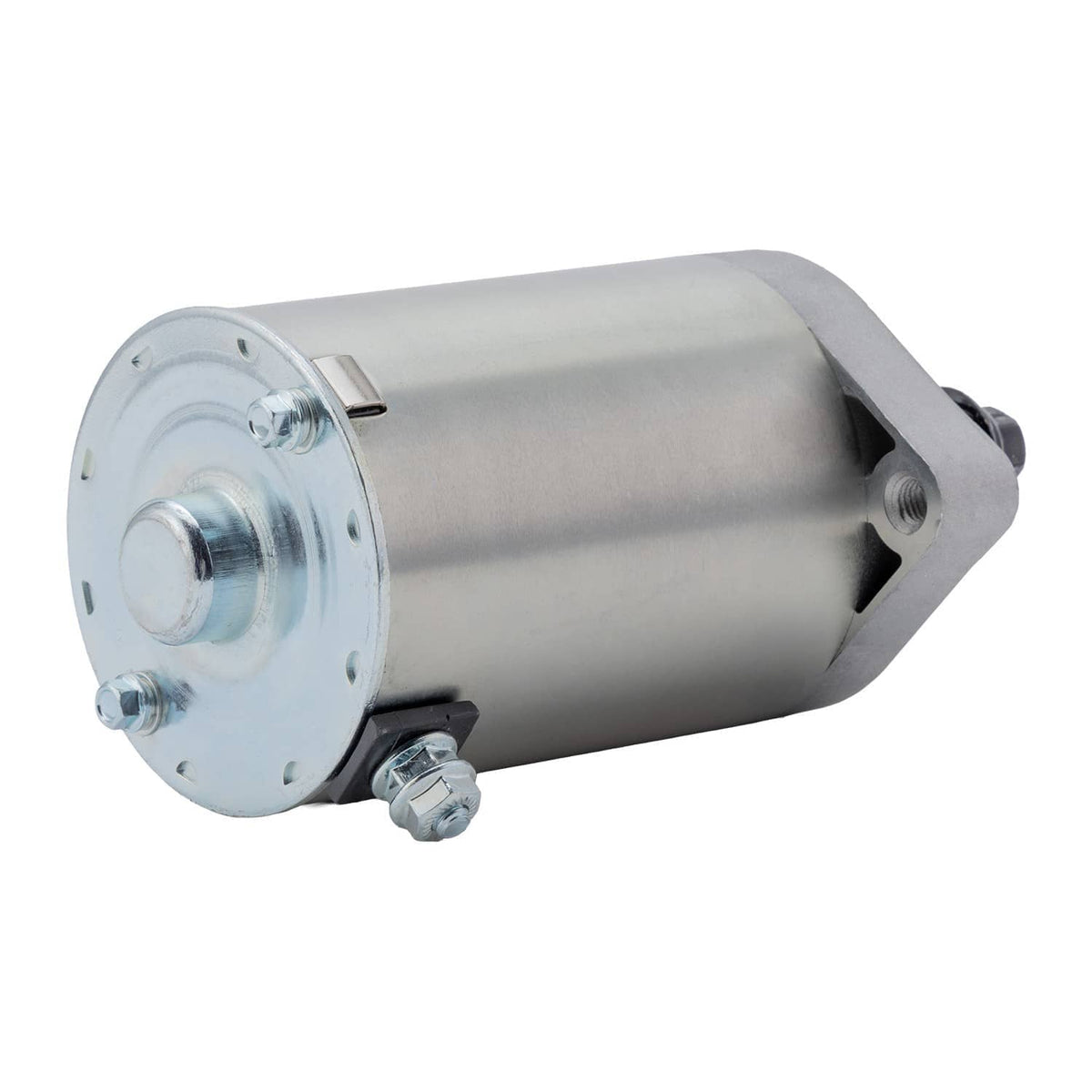 Starter motor end-to-end view with circular front plate and side mounting ears
