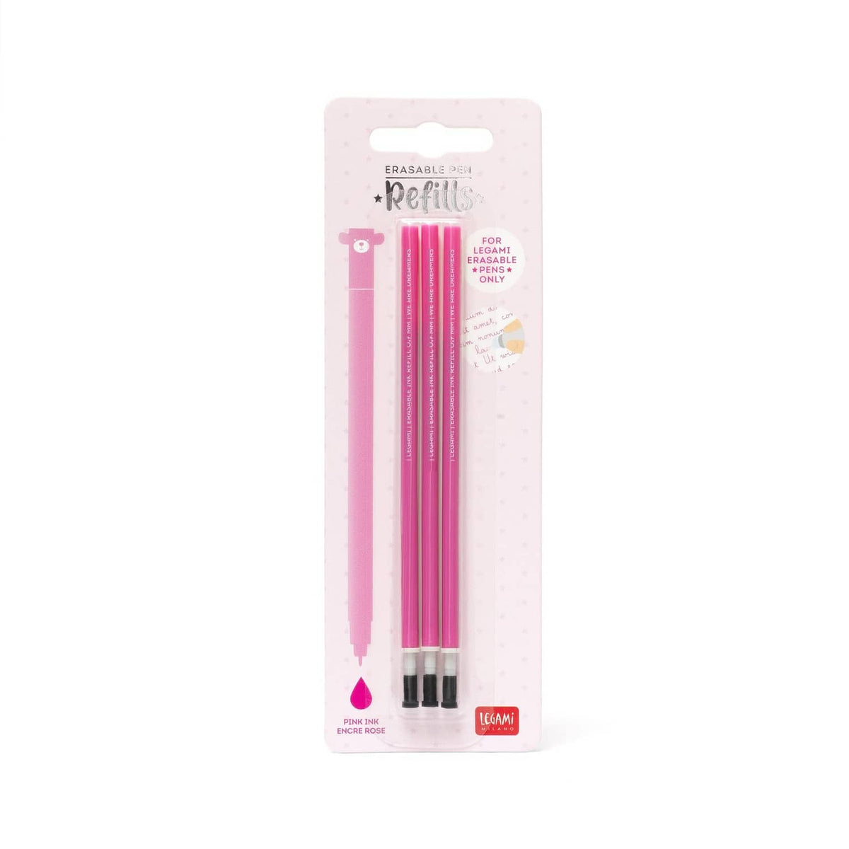 Package of three pink erasable gel pen refills with 0.7mm tips