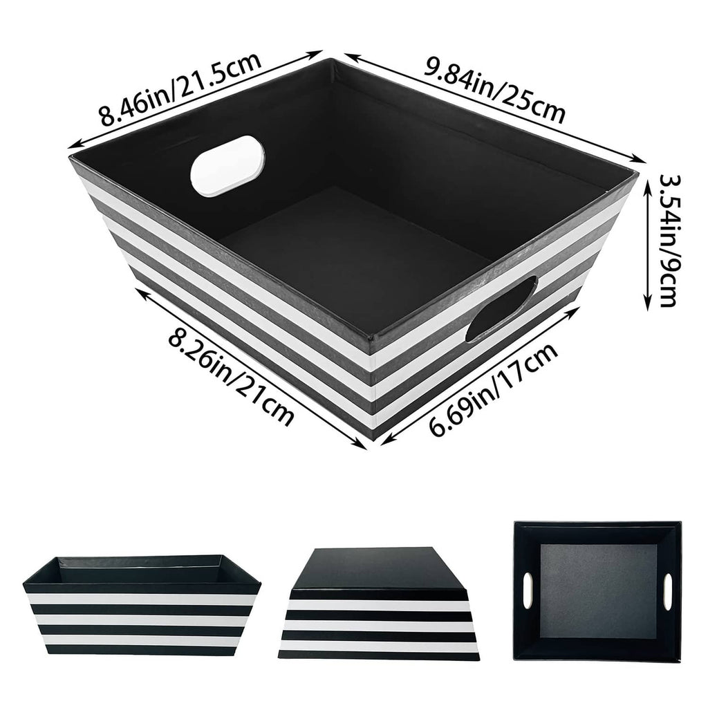 Black and white striped square gift basket tray with side handles and black interior