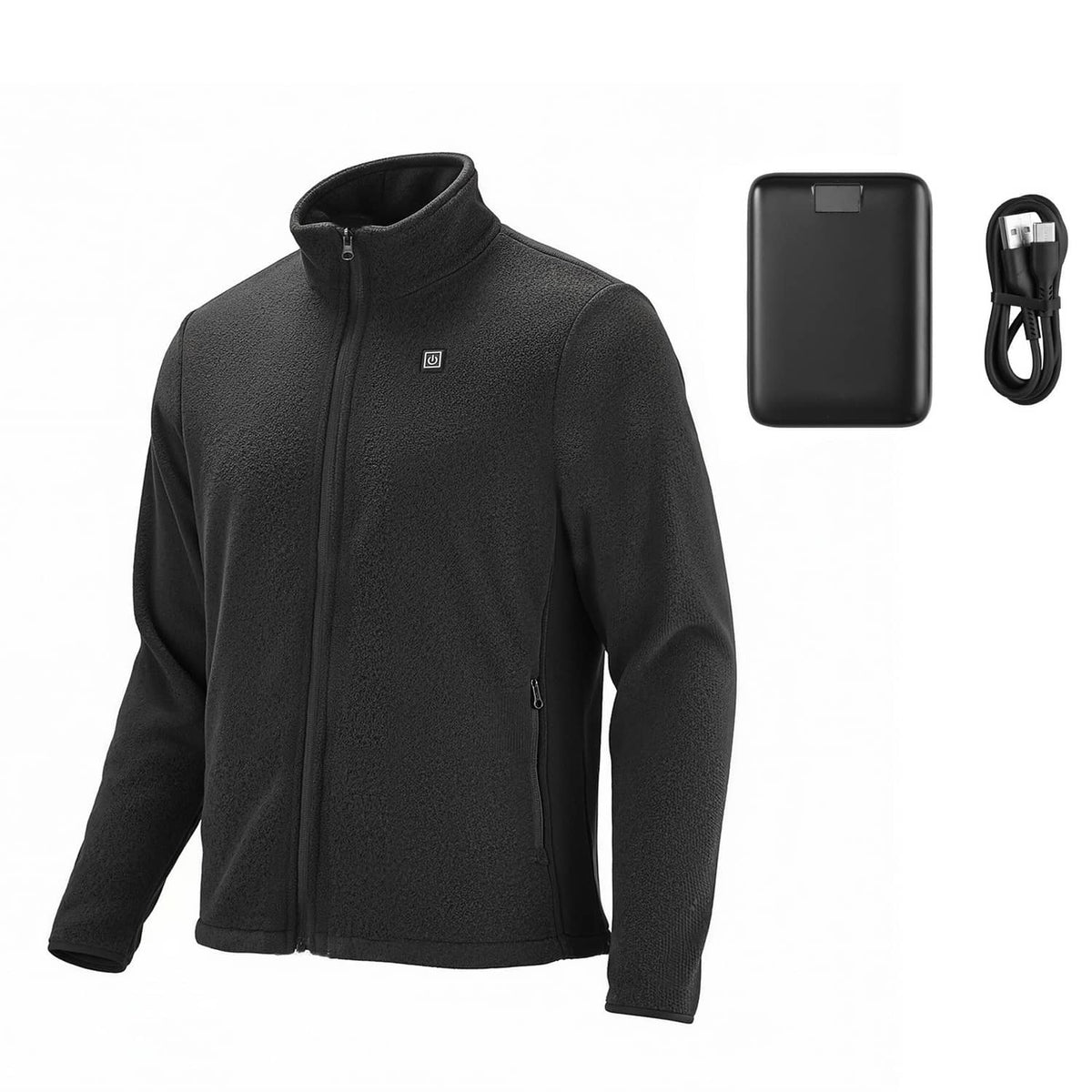 Heated fleece jacket for women, black, full-zip with stand collar and small chest logo